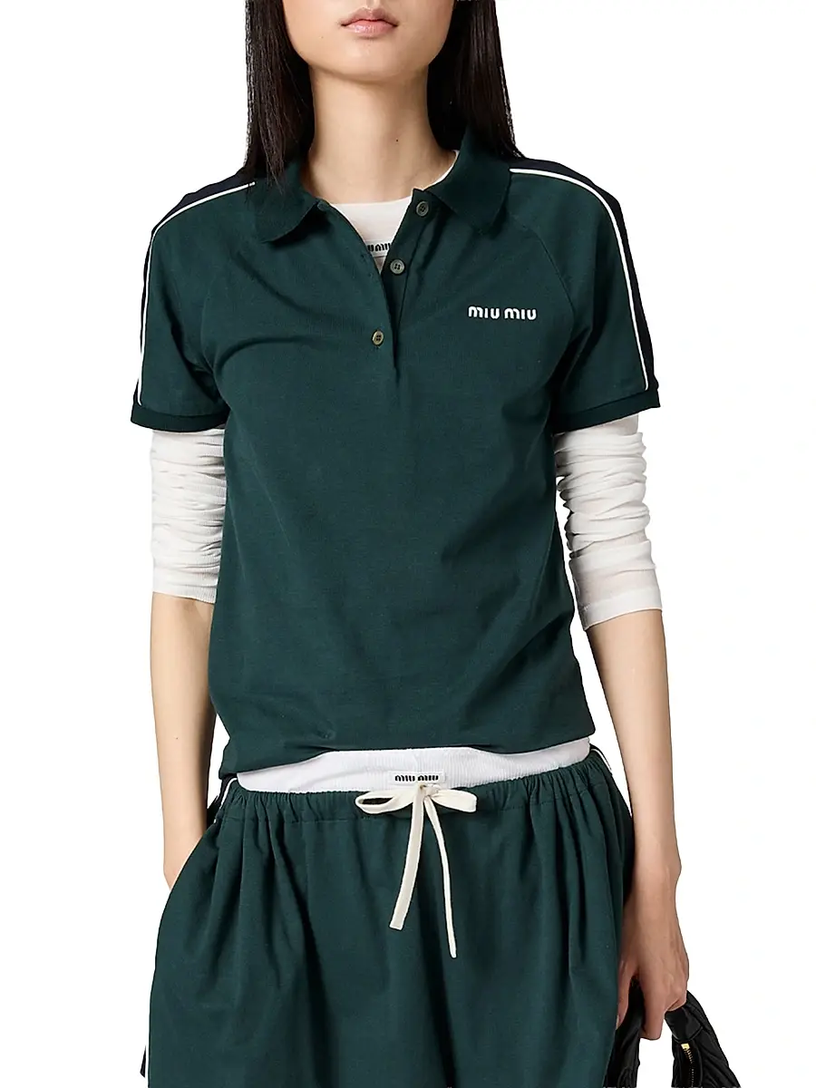 Miu Miu Women's Cotton Jersey Polo Shirt - Green | Thumbnail 5 Miu Miu Women's Cotton Jersey Polo Shirt - Green | Thumbnail 5