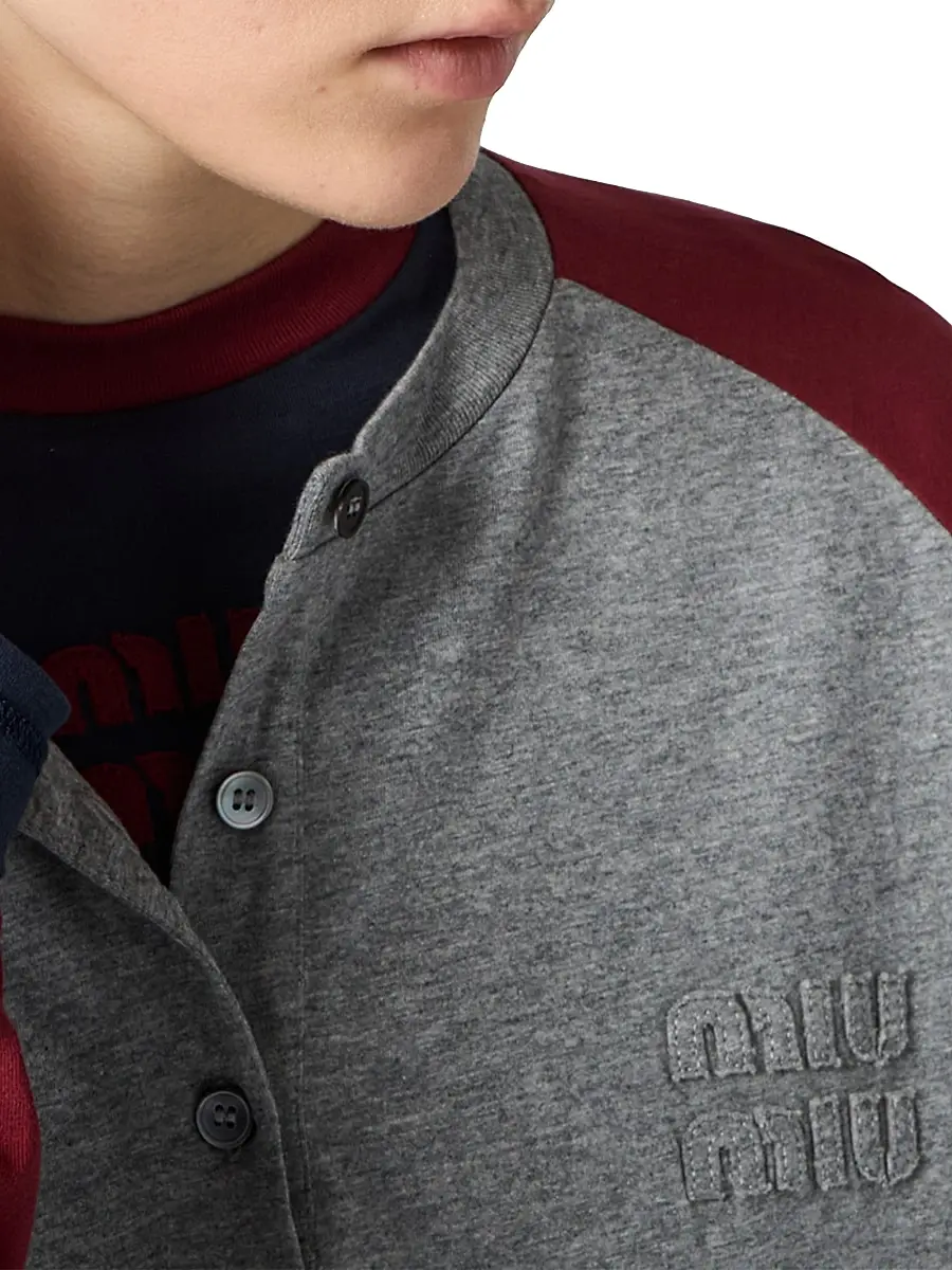 Miu Miu Women's Cotton Jersey Henley Shirt - Grey | Thumbnail 5 Miu Miu Women's Cotton Jersey Henley Shirt - Grey | Thumbnail 5