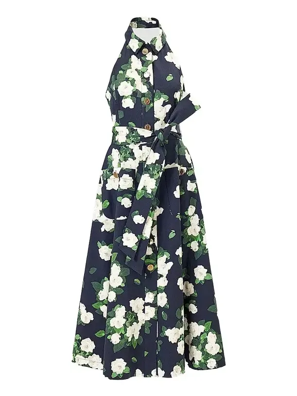 Women's Cabana Floral Halterneck Button-Front Cotton-Blend Midi-Dress