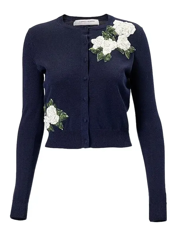 Women's Cabana Embroidered Crewneck Silk-Cotton Long-Sleeve Cardigan Women's Cabana Embroidered Crewneck Silk-Cotton Long-Sleeve Cardigan