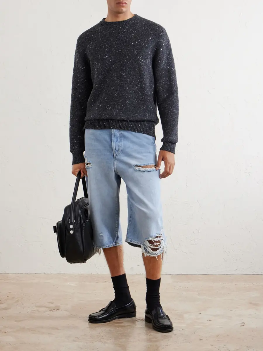 Acne Studios Wide-Leg Distressed Denim Shorts - Men | Thumbnail 2