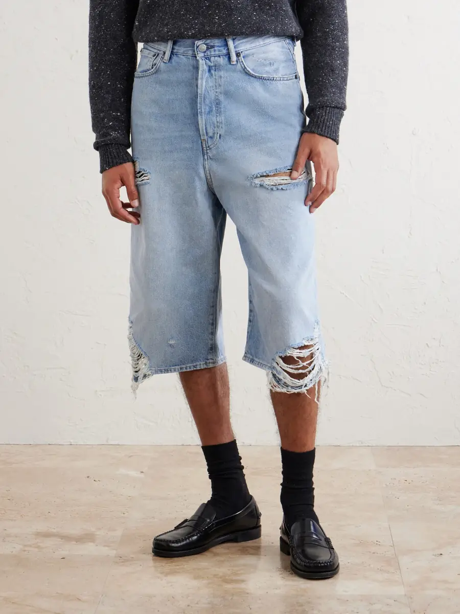 Acne Studios Wide-Leg Distressed Denim Shorts - Men | Thumbnail 3
