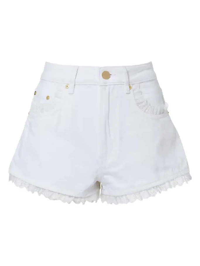 Lace-trimmed denim shorts