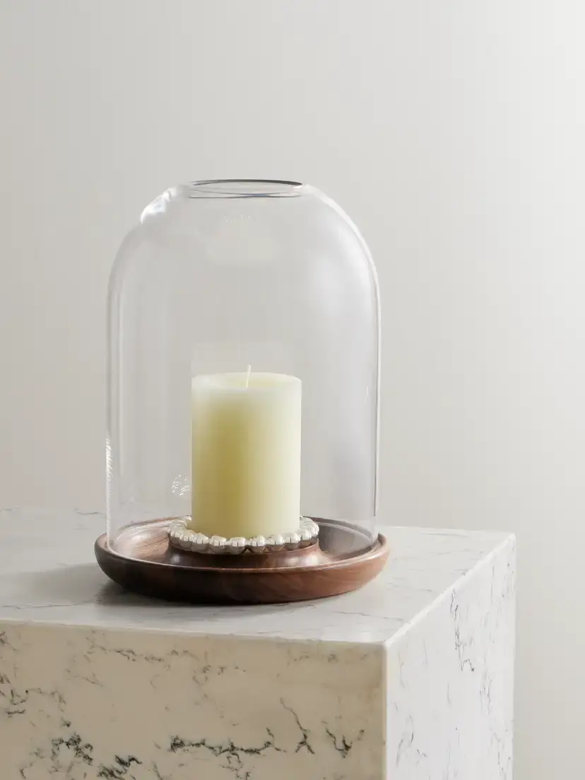 Christofle Perles Large Glass, Walnut And Silver-plated Hurricane Candle Holder | Image 1 Christofle Perles Large Glass, Walnut And Silver-plated Hurricane Candle Holder | Image 1