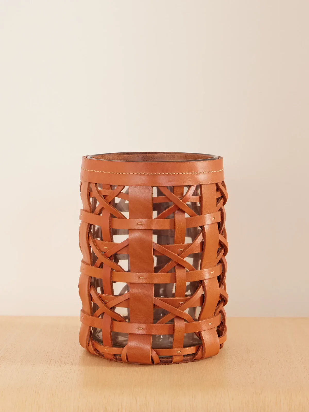 Ralph Lauren Home Preston Mini Woven Leather And Glass Hurricane Candle Holder