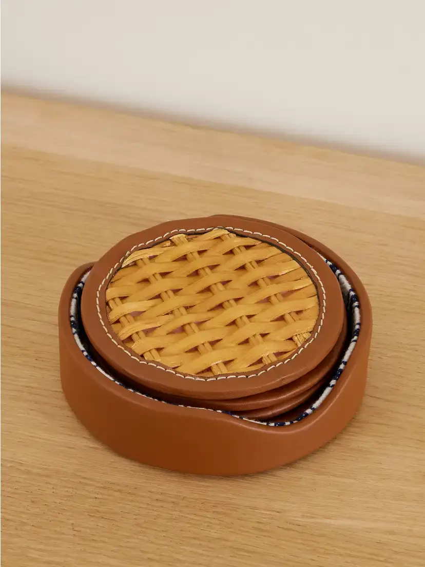 Ralph Lauren Home Bailey Set Of Four Leather-trimmed Rattan-woven Coasters | Image 1 Ralph Lauren Home Bailey Set Of Four Leather-trimmed Rattan-woven Coasters | Image 1