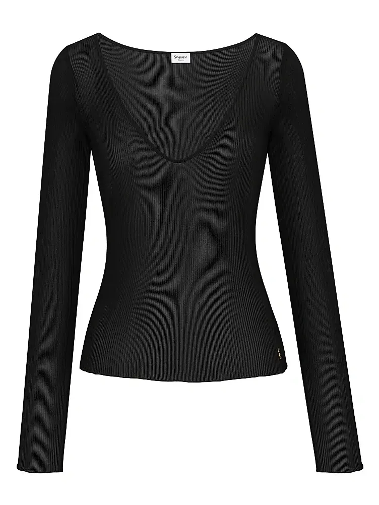 Saint Laurent Women's Cassandre V-neck Top in Ribbed Silk - Noir