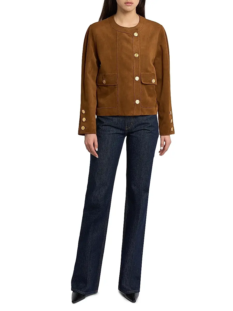 Saint Laurent Women's Short Jacket in Suede - Rhum Ambre | Thumbnail 2 Saint Laurent Women's Short Jacket in Suede - Rhum Ambre | Thumbnail 2
