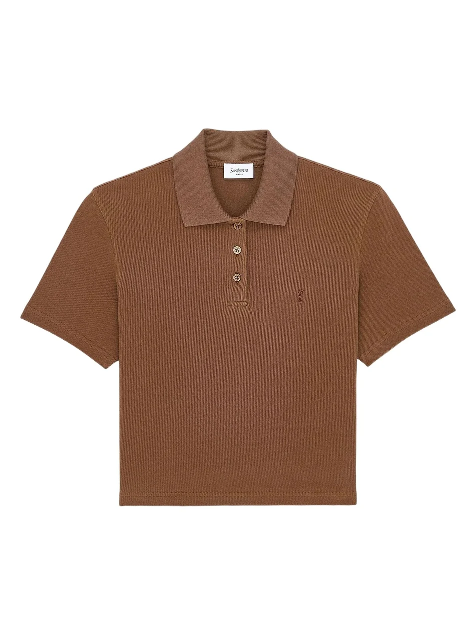 Saint Laurent Women's Cassandre Cropped Polo Shirt in Cotton Pique - Caramel