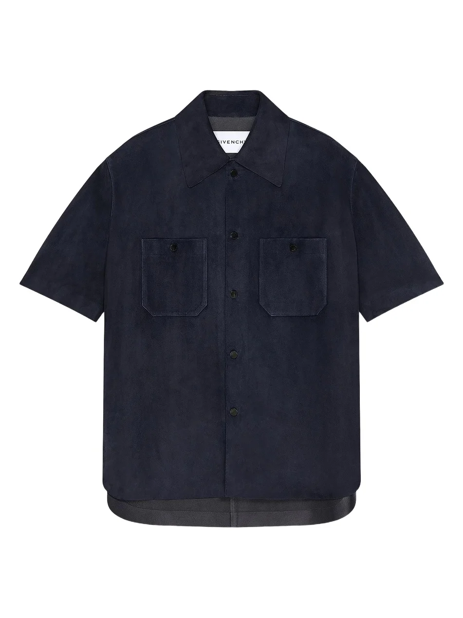 Men's Couture Seam Overshirt in Suede - Night Blue