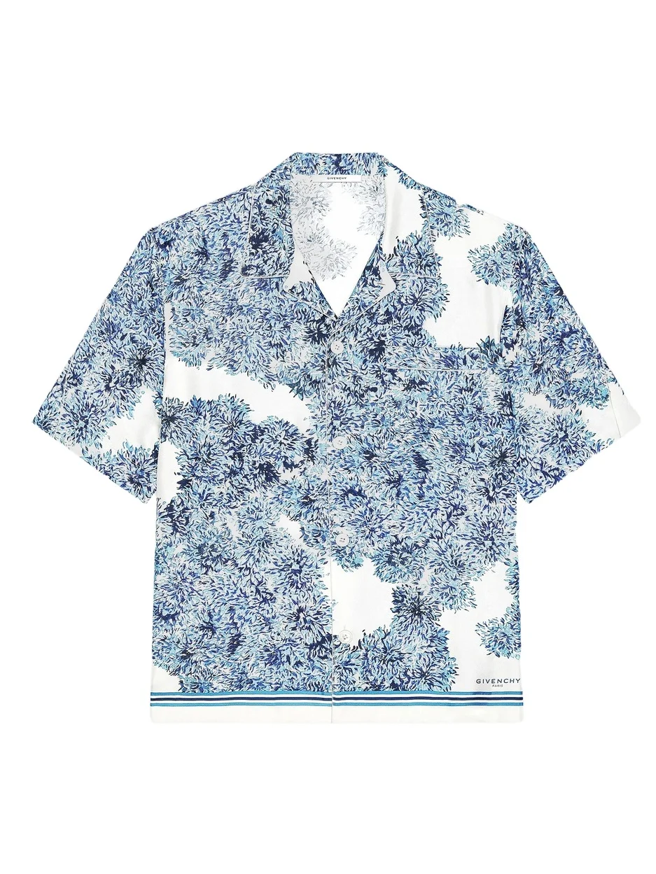 Men's Couture Seam Shirt in Silk with Pompom Print - Blue Men's Couture Seam Shirt in Silk with Pompom Print - Blue