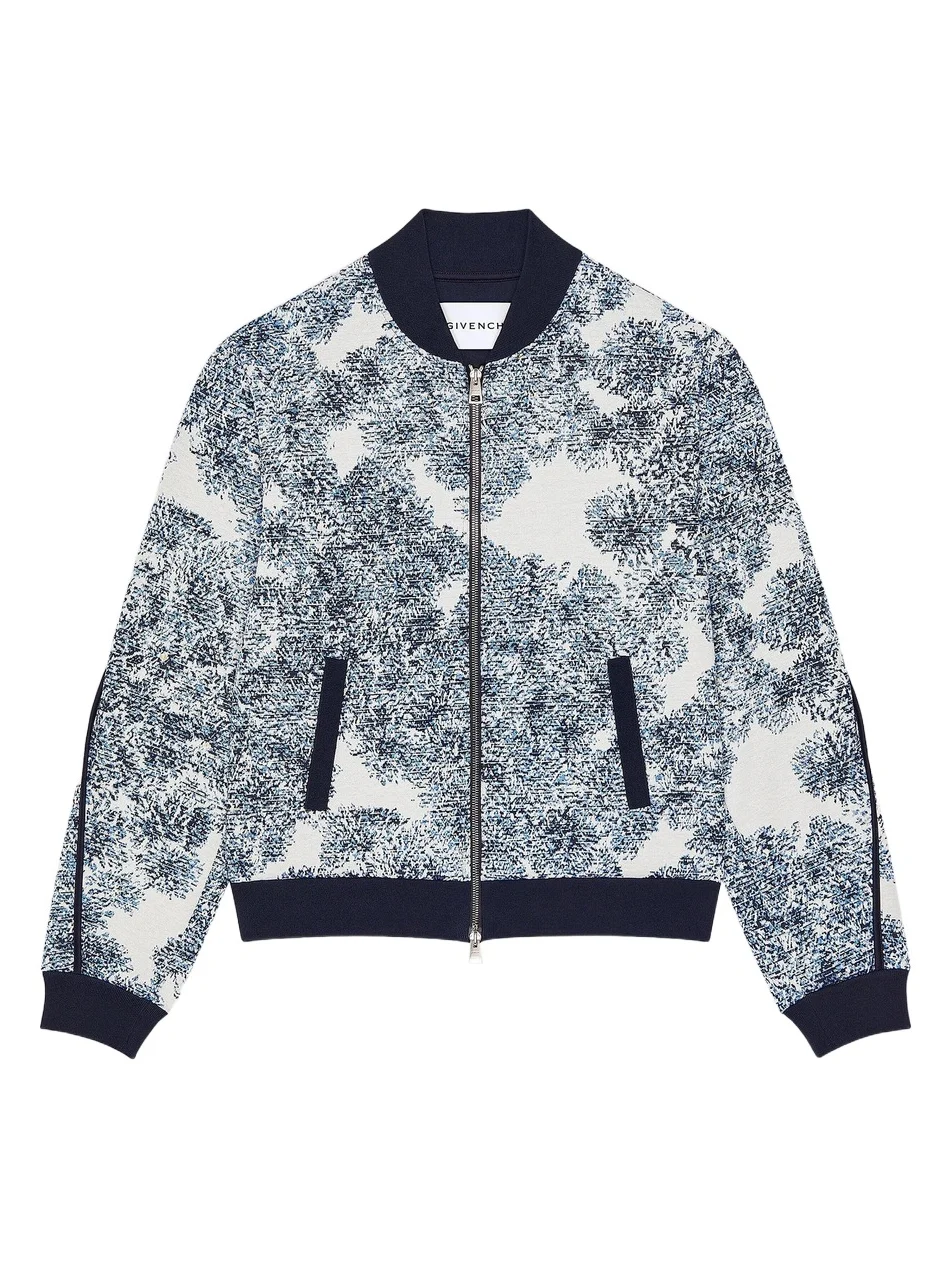 Men's Couture Seam Blouson Jacket in Cotton with Pompom Print - Blue White