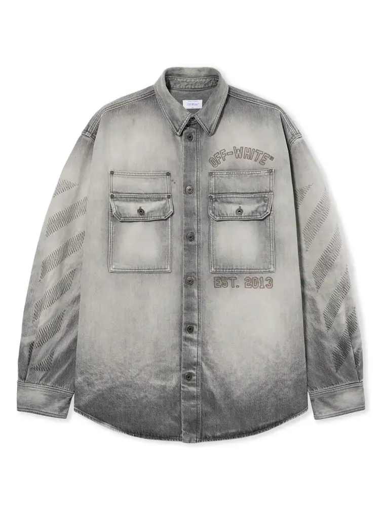 Diagonal Embroidered Denim Military Overshirt Diagonal Embroidered Denim Military Overshirt