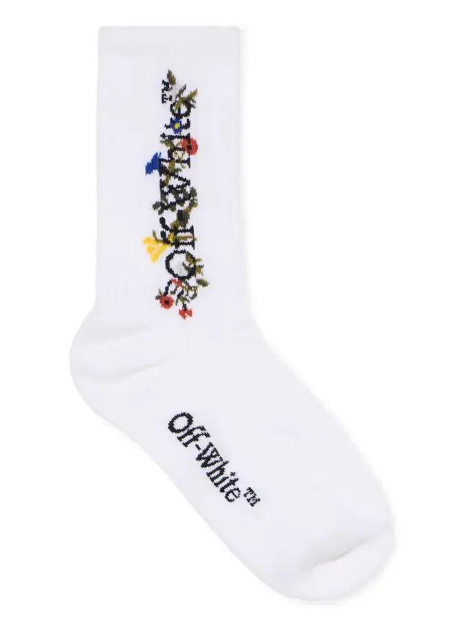 Off-White Floral Pattern Mid Socks