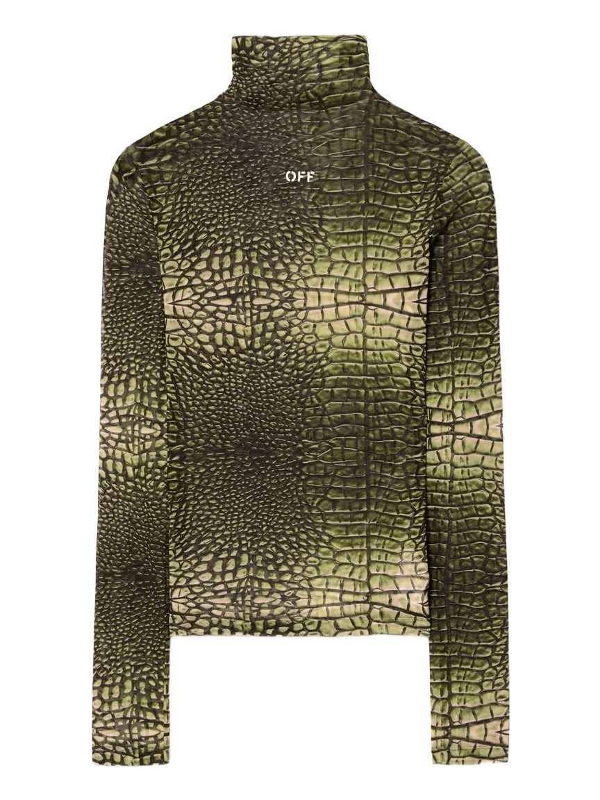 Off-White Green Stamp Crocodile Mesh Long-Sleeved Top
