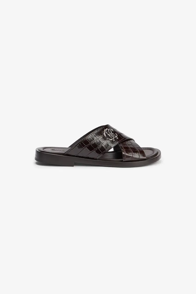 Roberto Cavalli Dark Brown Crocodile-Effect Leather Slide Sandals | Thumbnail 2