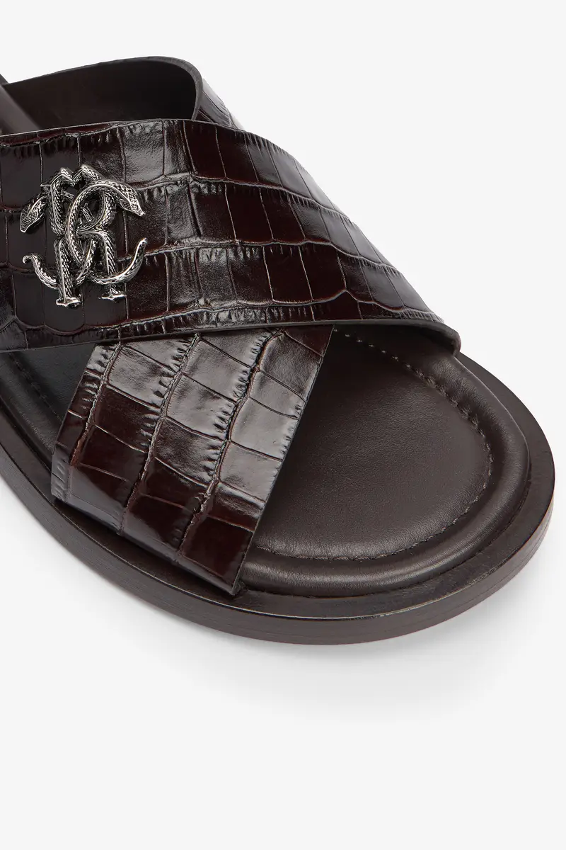 Roberto Cavalli Dark Brown Crocodile-Effect Leather Slide Sandals | Thumbnail 5