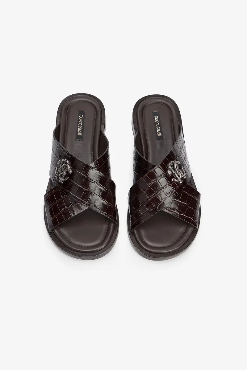 Roberto Cavalli Dark Brown Crocodile-Effect Leather Slide Sandals | Thumbnail 6