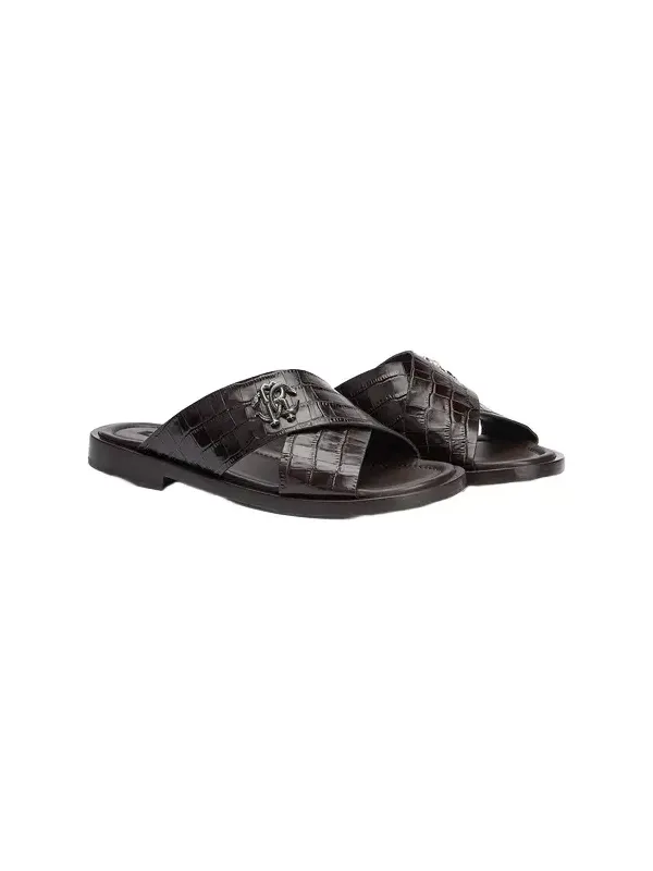 Dark Brown Crocodile-Effect Leather Slide Sandals Dark Brown Crocodile-Effect Leather Slide Sandals