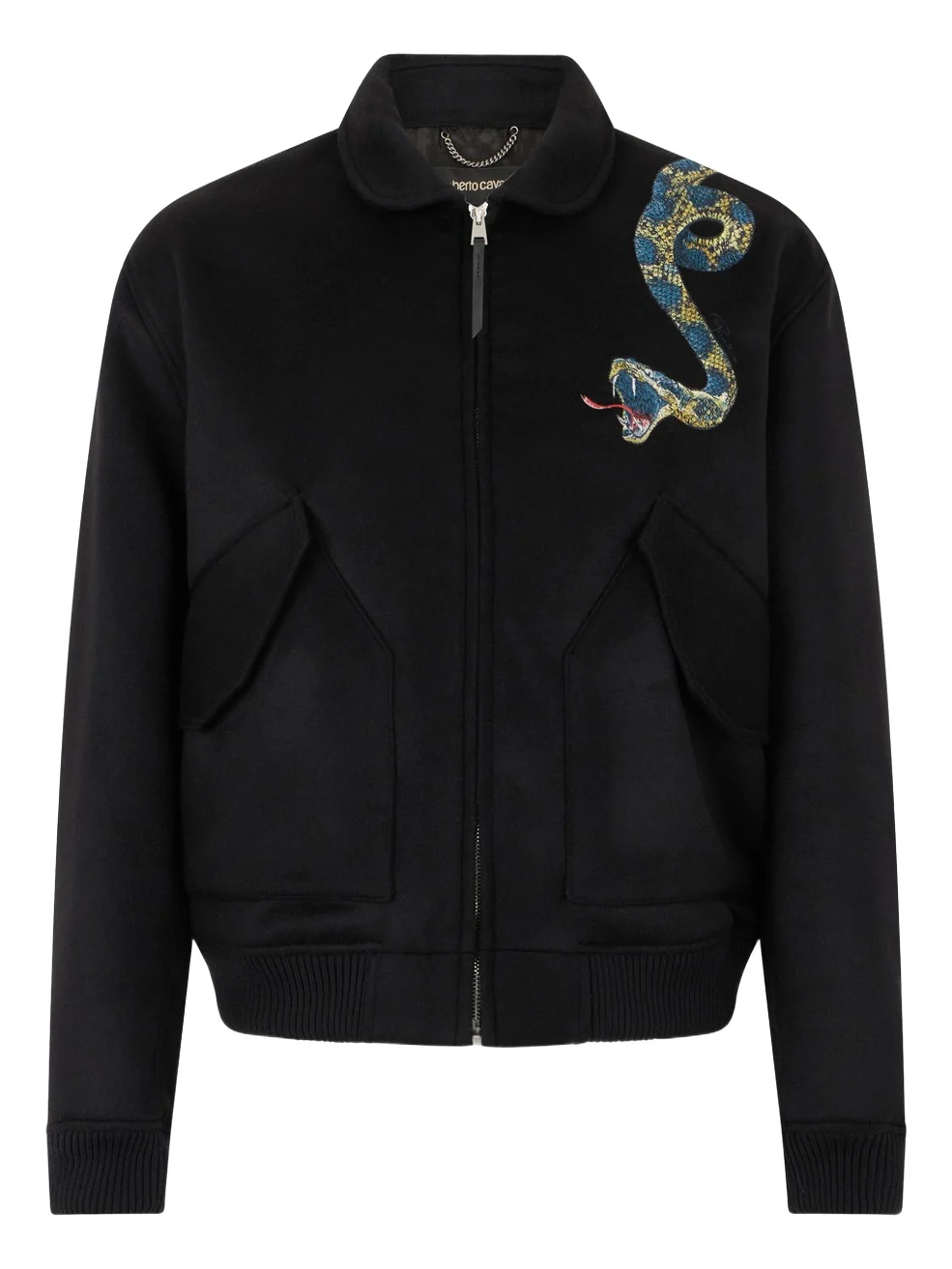 Roberto Cavalli Black Bomber Jacket With Snake Embroidery