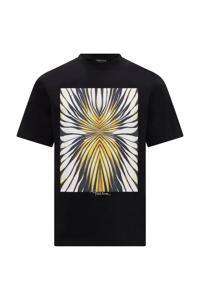 Roberto Cavalli Ray Of Gold Print Pure Cotton T-shirt | Image 1 Roberto Cavalli Ray Of Gold Print Pure Cotton T-shirt | Image 1