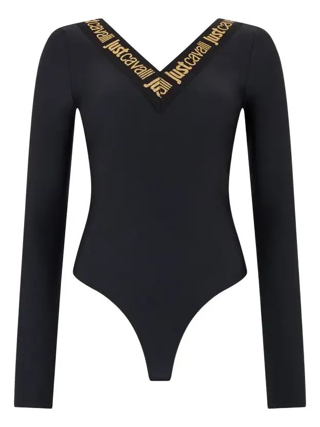 Roberto Cavalli Black Fitted Bodysuit with Logo