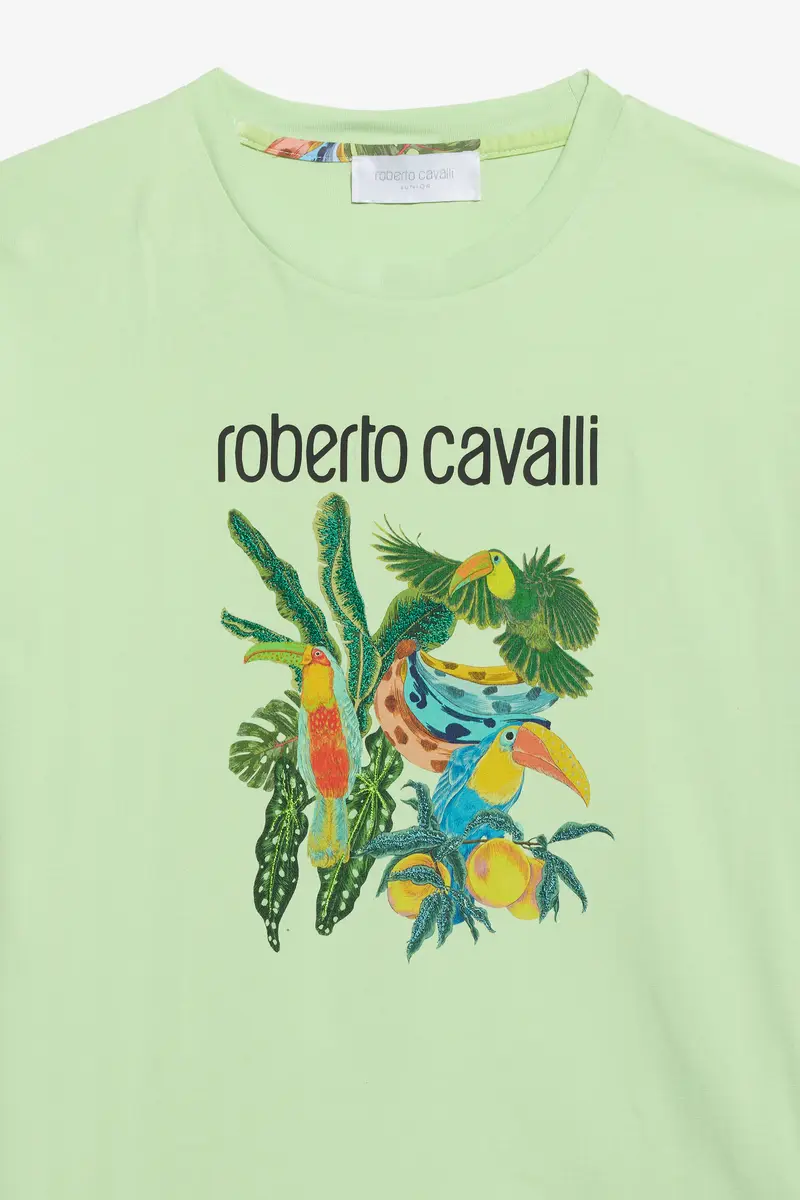 Roberto Cavalli Light Green T-Shirt with Tropical Print | Thumbnail 3