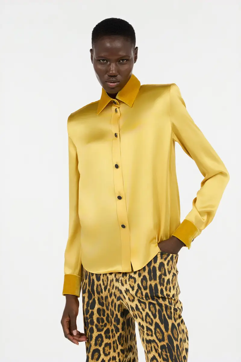 Roberto Cavalli Ochre Silk Shirt With Velvet Inserts | Thumbnail 2 Roberto Cavalli Ochre Silk Shirt With Velvet Inserts | Thumbnail 2