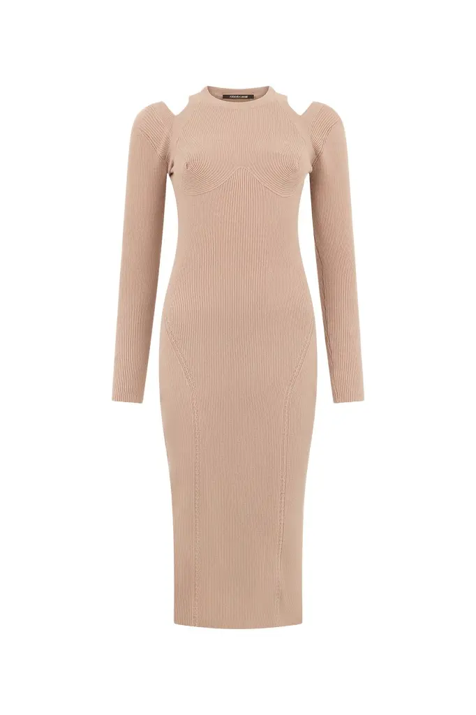 Roberto Cavalli Beige Cut-Out Ribbed Midi Dress