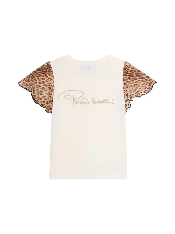 Roberto Cavalli T-shirt With Leopard Print Silk Sleeves