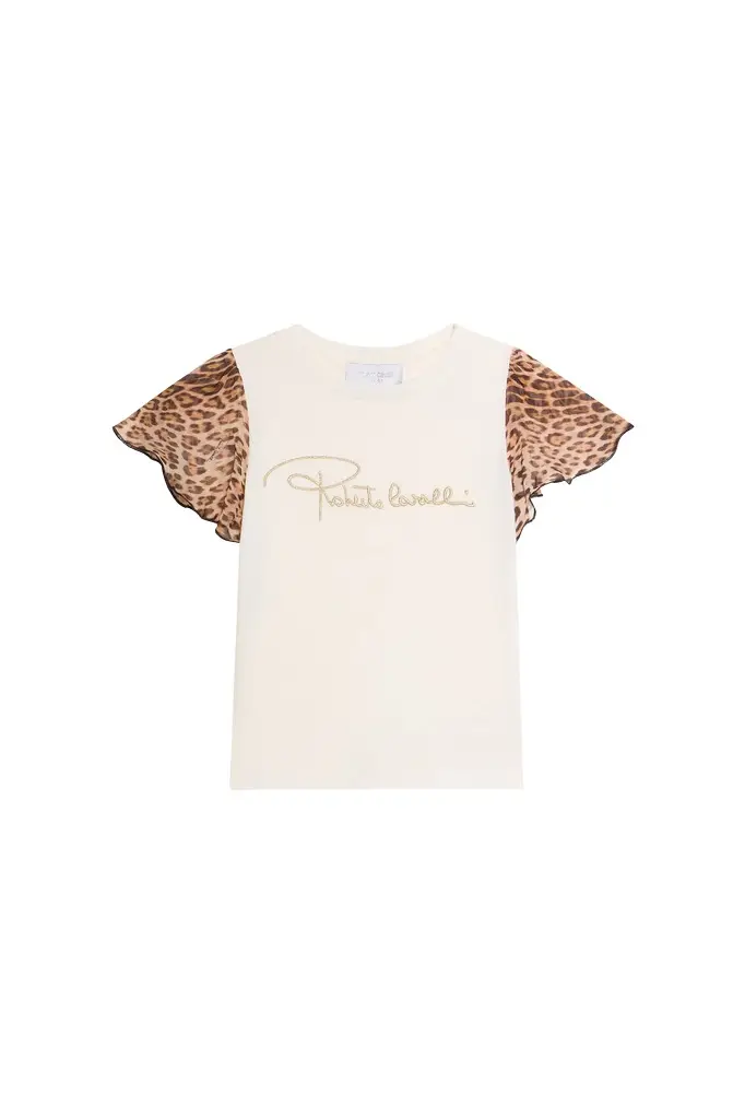 Roberto Cavalli T-shirt With Leopard Print Silk Sleeves