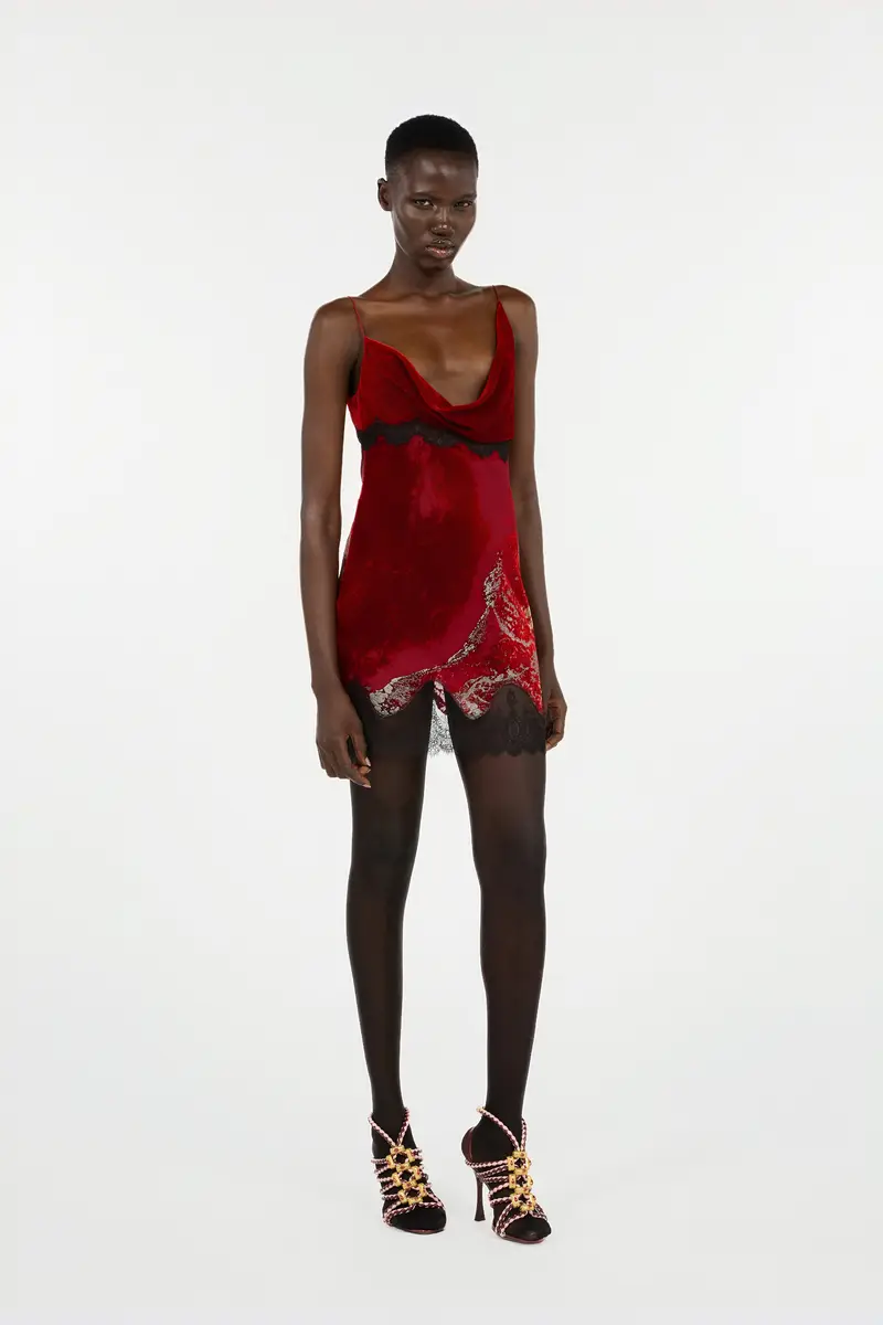 Roberto Cavalli Dark Red Mini Dress in Silk Viscose Velvet Devorè Lava Effect | Thumbnail 2