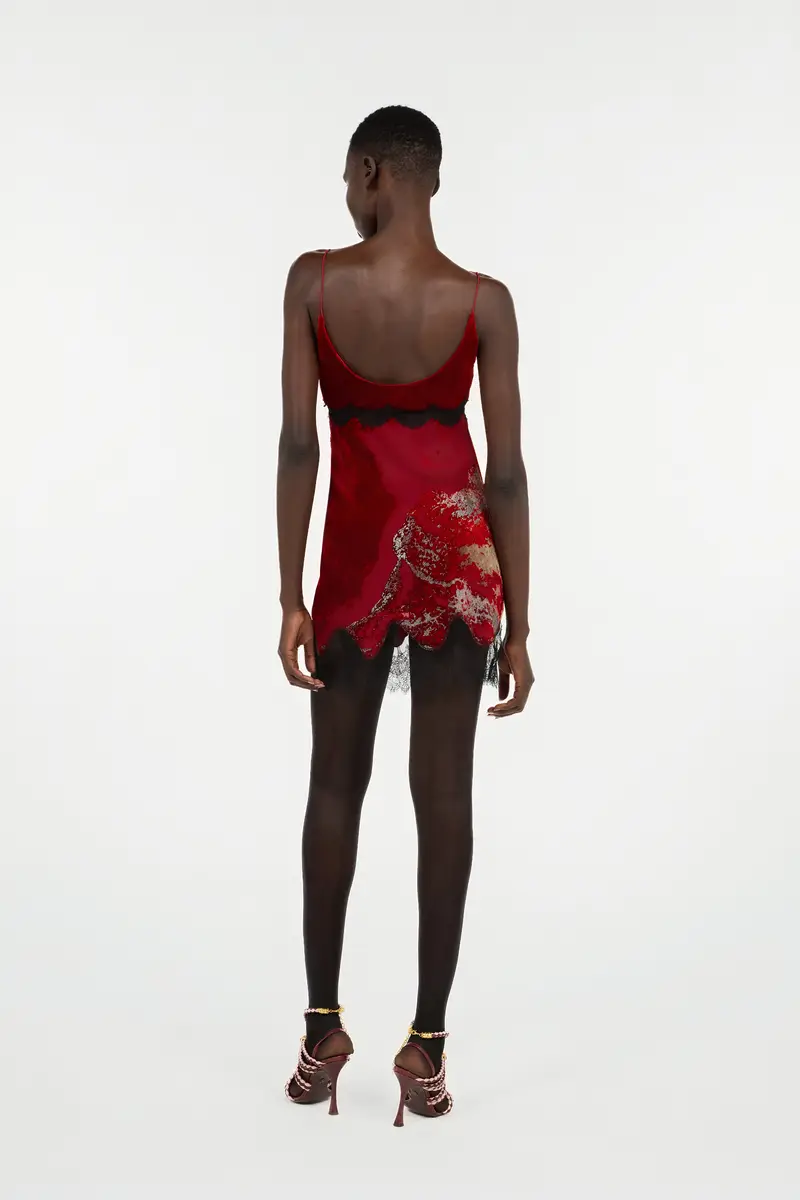 Roberto Cavalli Dark Red Mini Dress in Silk Viscose Velvet Devorè Lava Effect | Thumbnail 3