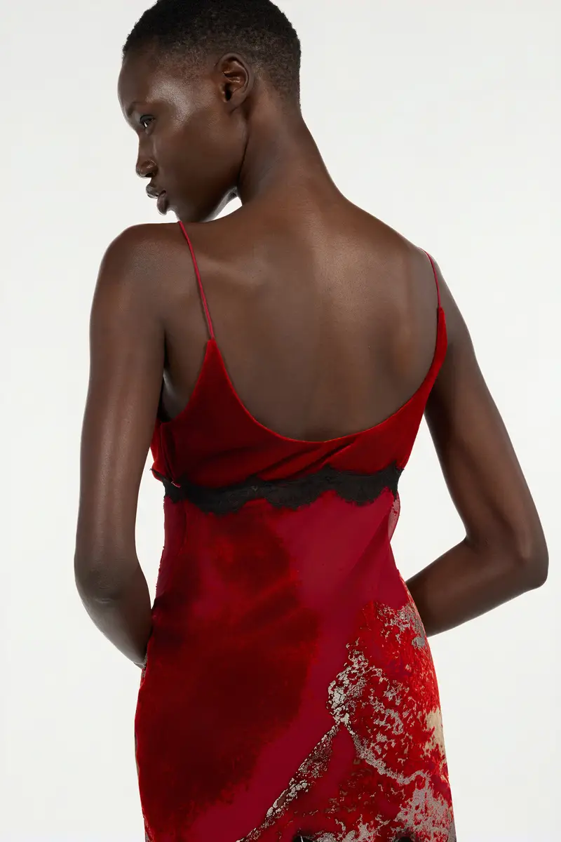 Roberto Cavalli Dark Red Mini Dress in Silk Viscose Velvet Devorè Lava Effect | Thumbnail 5