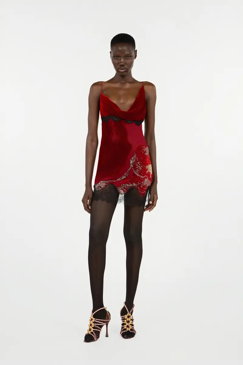 Roberto Cavalli Dark Red Mini Dress in Silk Viscose Velvet Devorè Lava Effect | Thumbnail 6