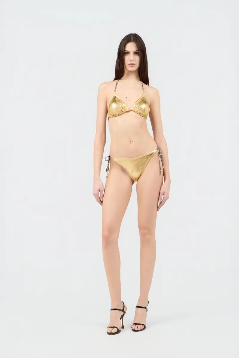 Roberto Cavalli Laminated Gold Bikini With Leopard Print Ties | Thumbnail 6