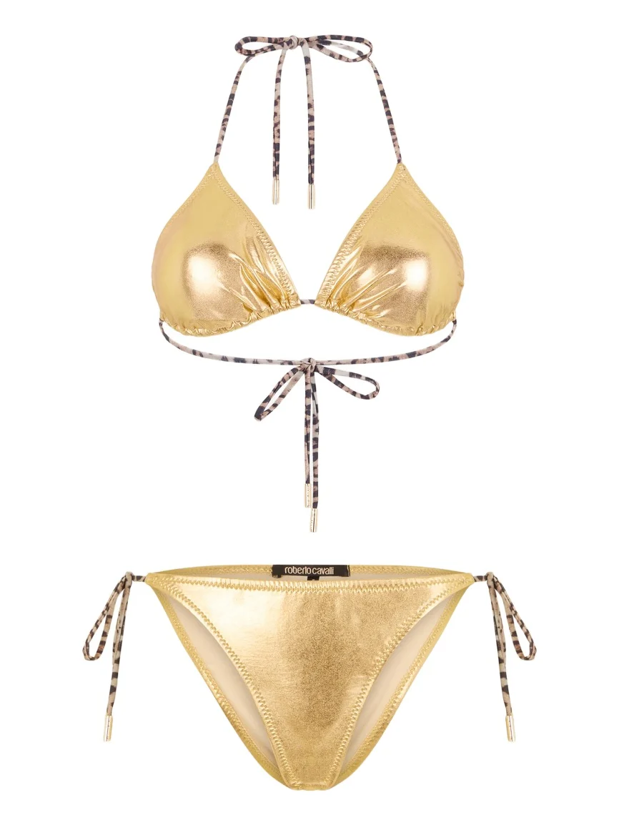 Roberto Cavalli Laminated Gold Bikini With Leopard Print Ties