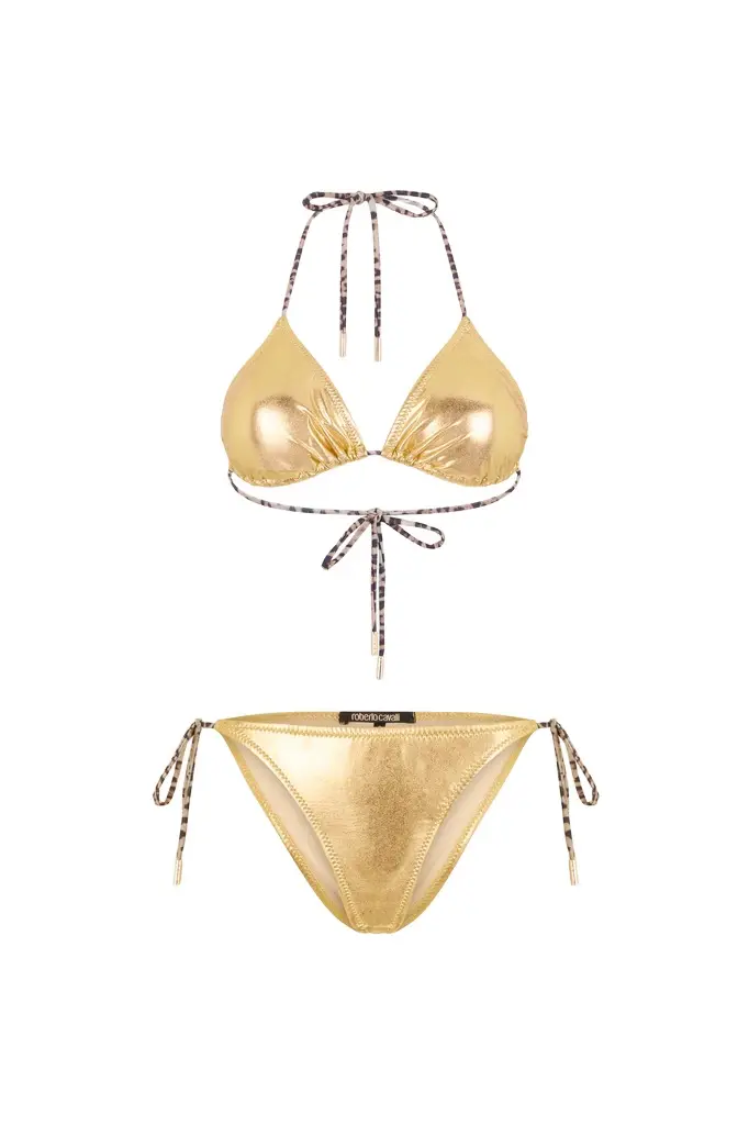 Laminated Gold Bikini With Leopard Print Ties Laminated Gold Bikini With Leopard Print Ties