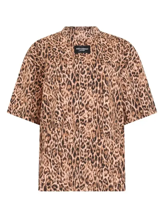 Roberto Cavalli Leopard Skin Print T-Shirt with Logo