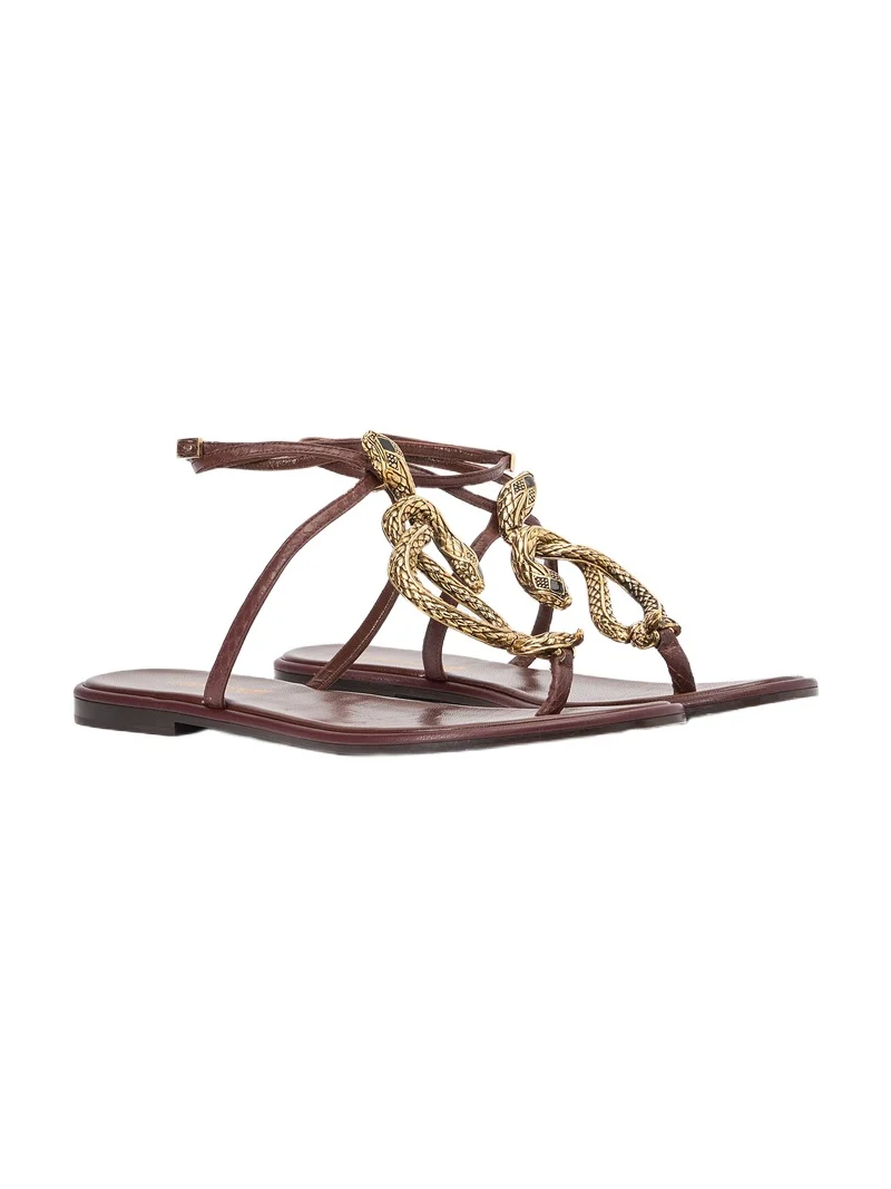 Brown Flat Thong Sandals with Snake Motif