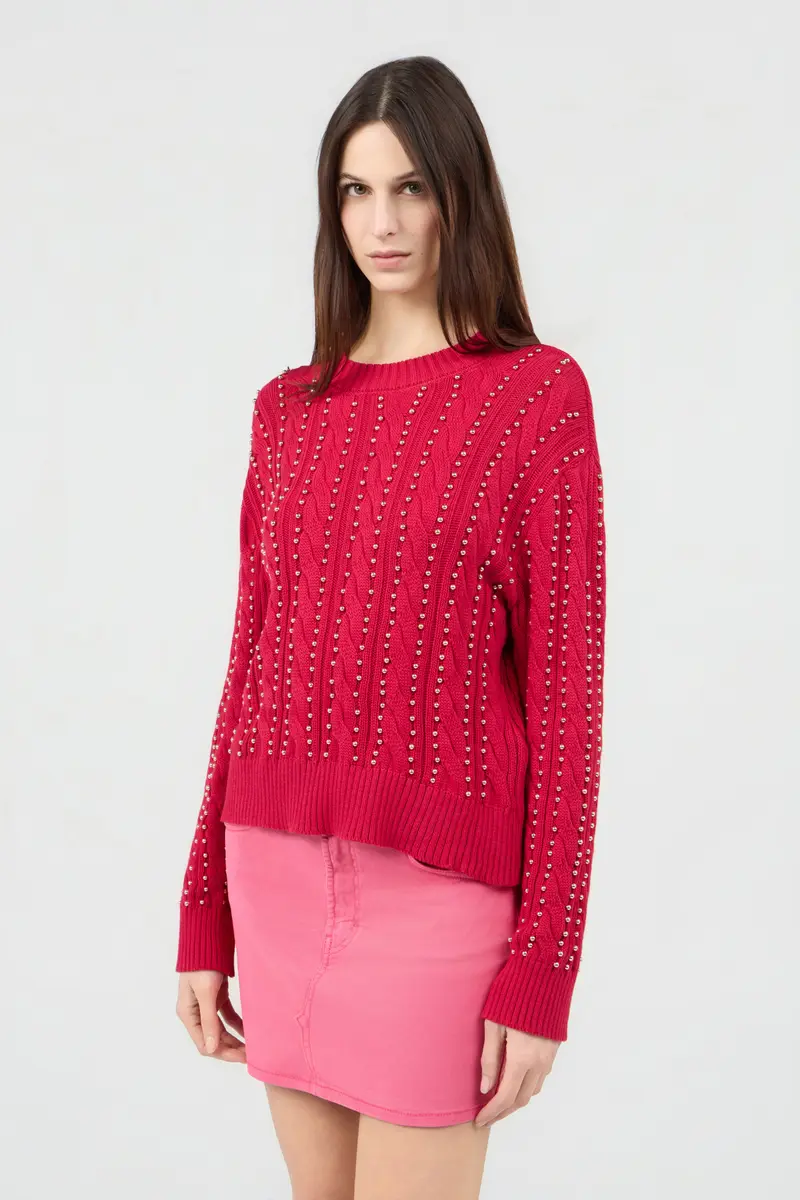 Roberto Cavalli Red Studded Cable-Knit Sweater | Thumbnail 2 Roberto Cavalli Red Studded Cable-Knit Sweater | Thumbnail 2
