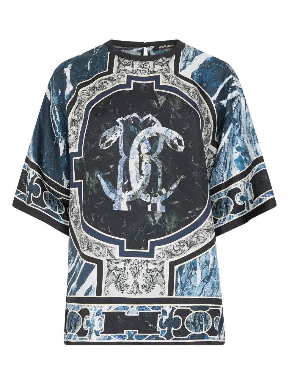 Roberto Cavalli T-Shirt With Mirror Snake Monogram And Marble Print