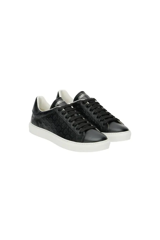 Roberto Cavalli Black Leather Sneaker With Monogram RC | Image 1 Roberto Cavalli Black Leather Sneaker With Monogram RC | Image 1