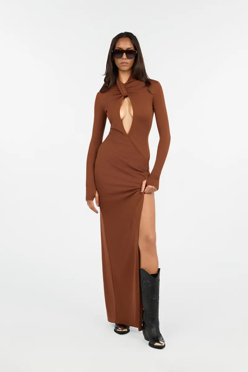 Roberto Cavalli Brown Maxi Dress With Twisted Neckline | Thumbnail 6