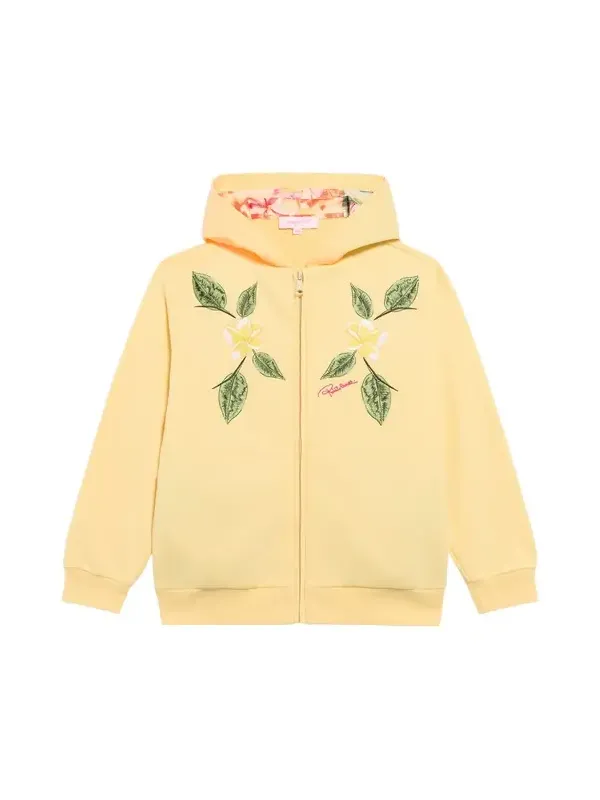 Roberto Cavalli Yellow Zip-Up Hoodie With Floral Embroidery