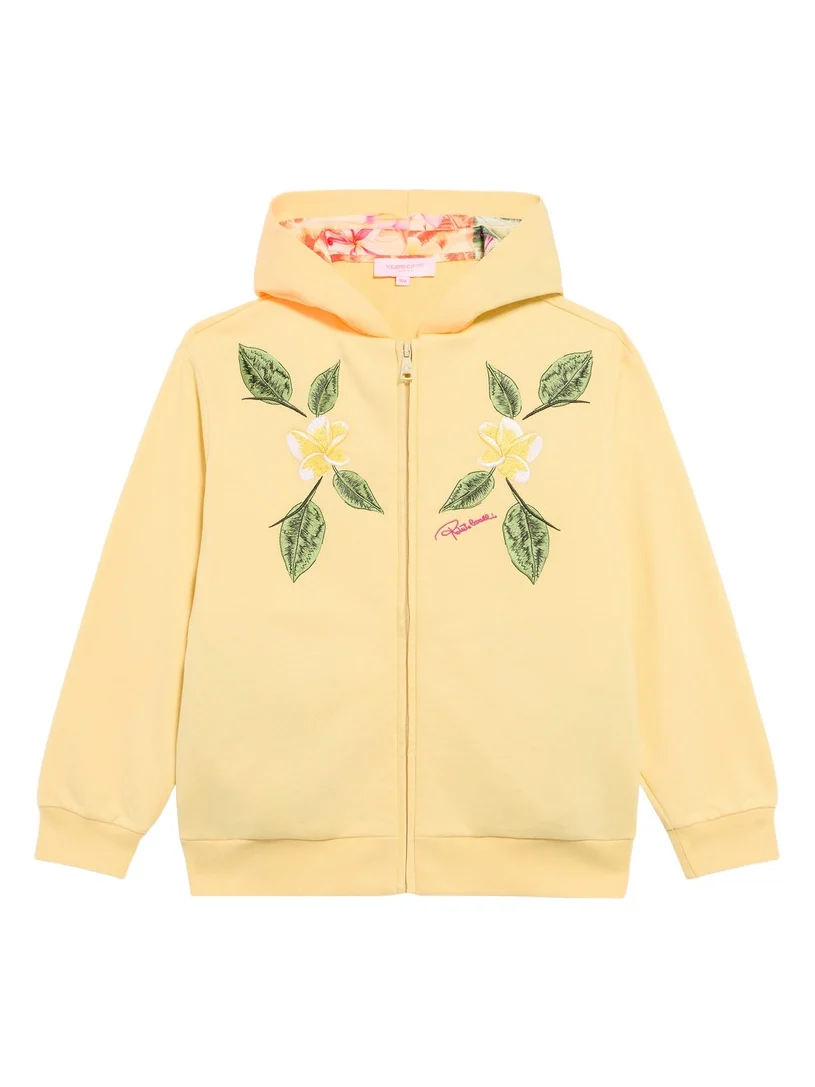 Roberto Cavalli Yellow Zip-Up Hoodie With Floral Embroidery