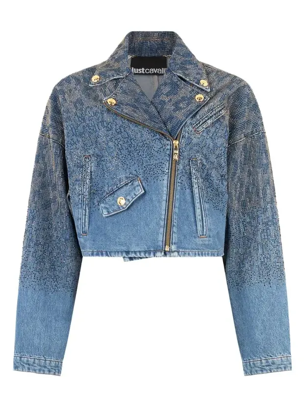 Roberto Cavalli Cropped Denim Jacket With Rhinestones | Thumbnail 1 Roberto Cavalli Cropped Denim Jacket With Rhinestones | Thumbnail 1
