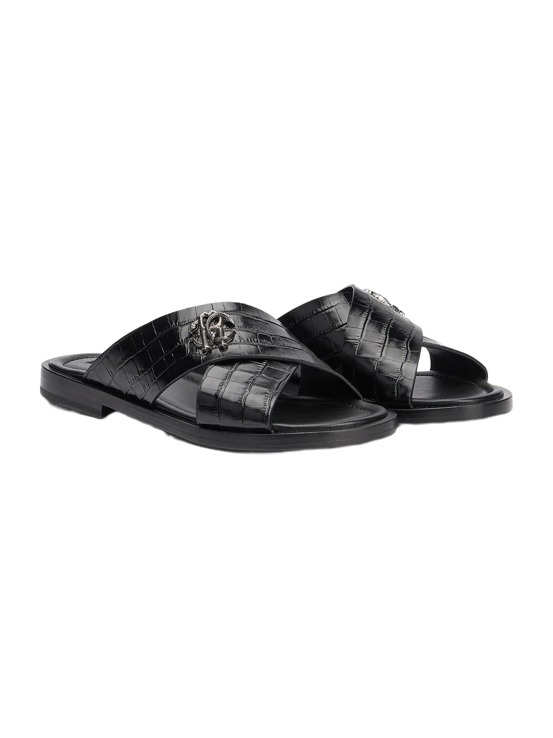 Black Crocodile-Effect Leather sandals