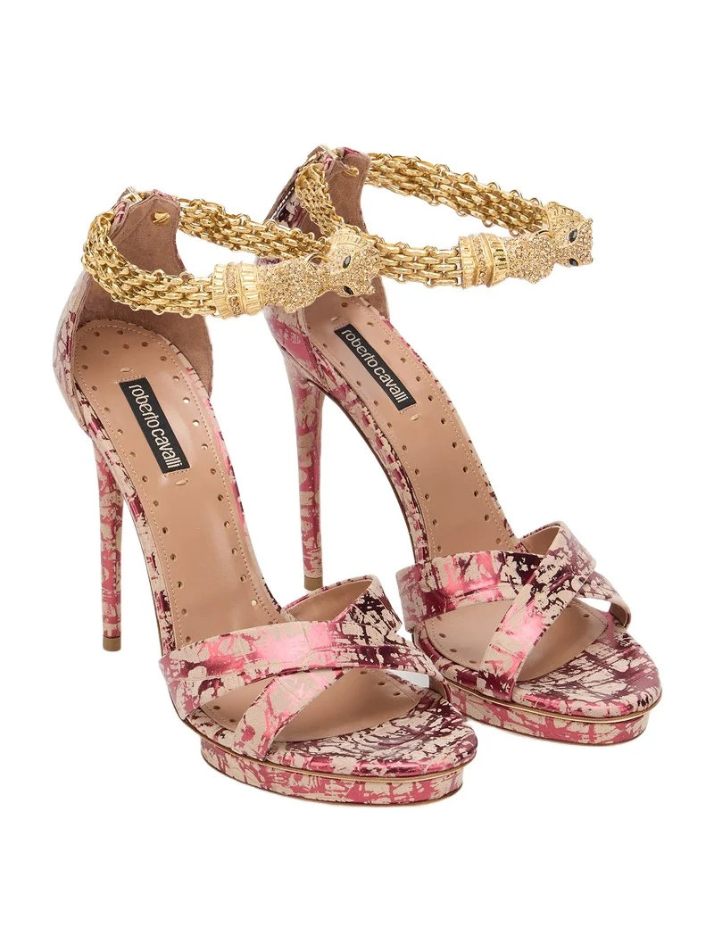 Roberto Cavalli Roar Burgundy Laminated Leather Sandal