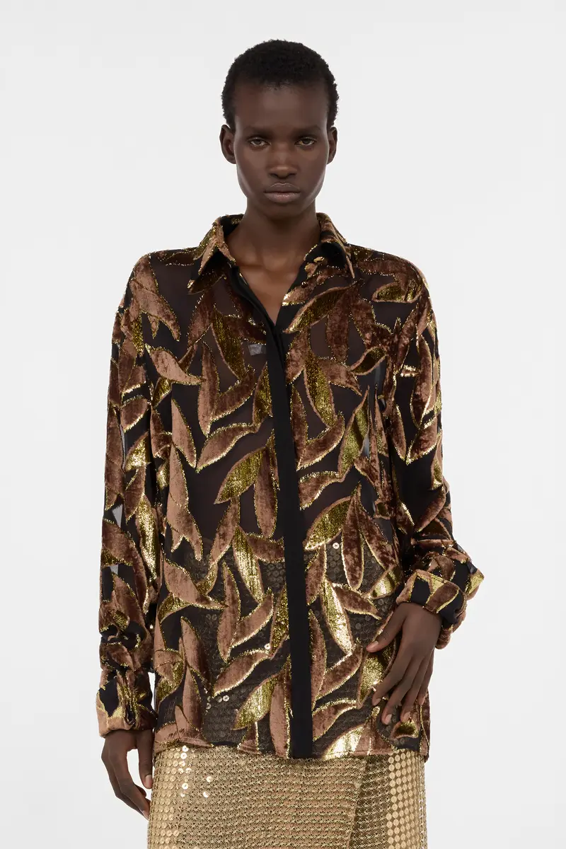 Roberto Cavalli Chocolate Sheer Shirt with Foliage Motif | Thumbnail 2 Roberto Cavalli Chocolate Sheer Shirt with Foliage Motif | Thumbnail 2